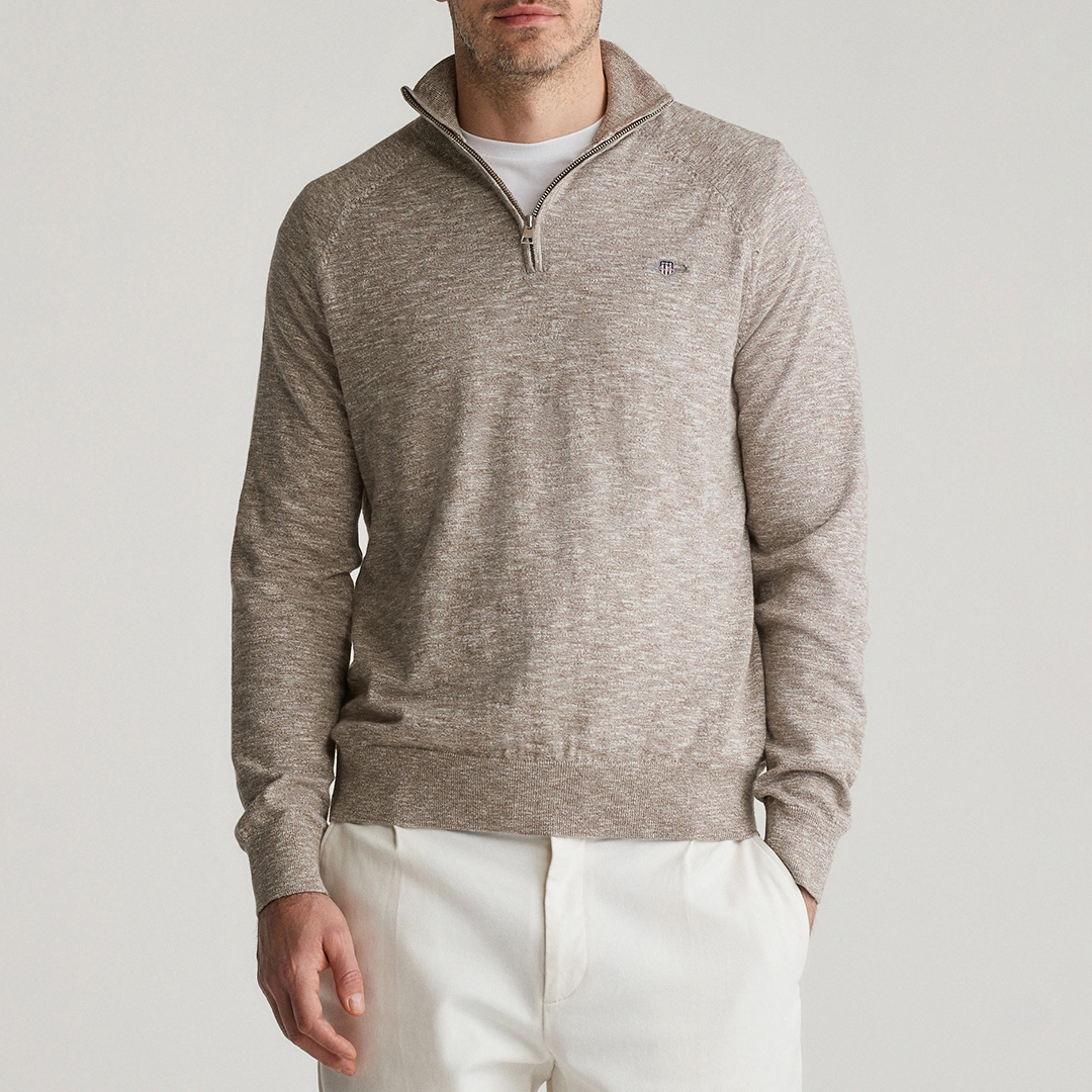 Beige Textured Half Zip Sweater