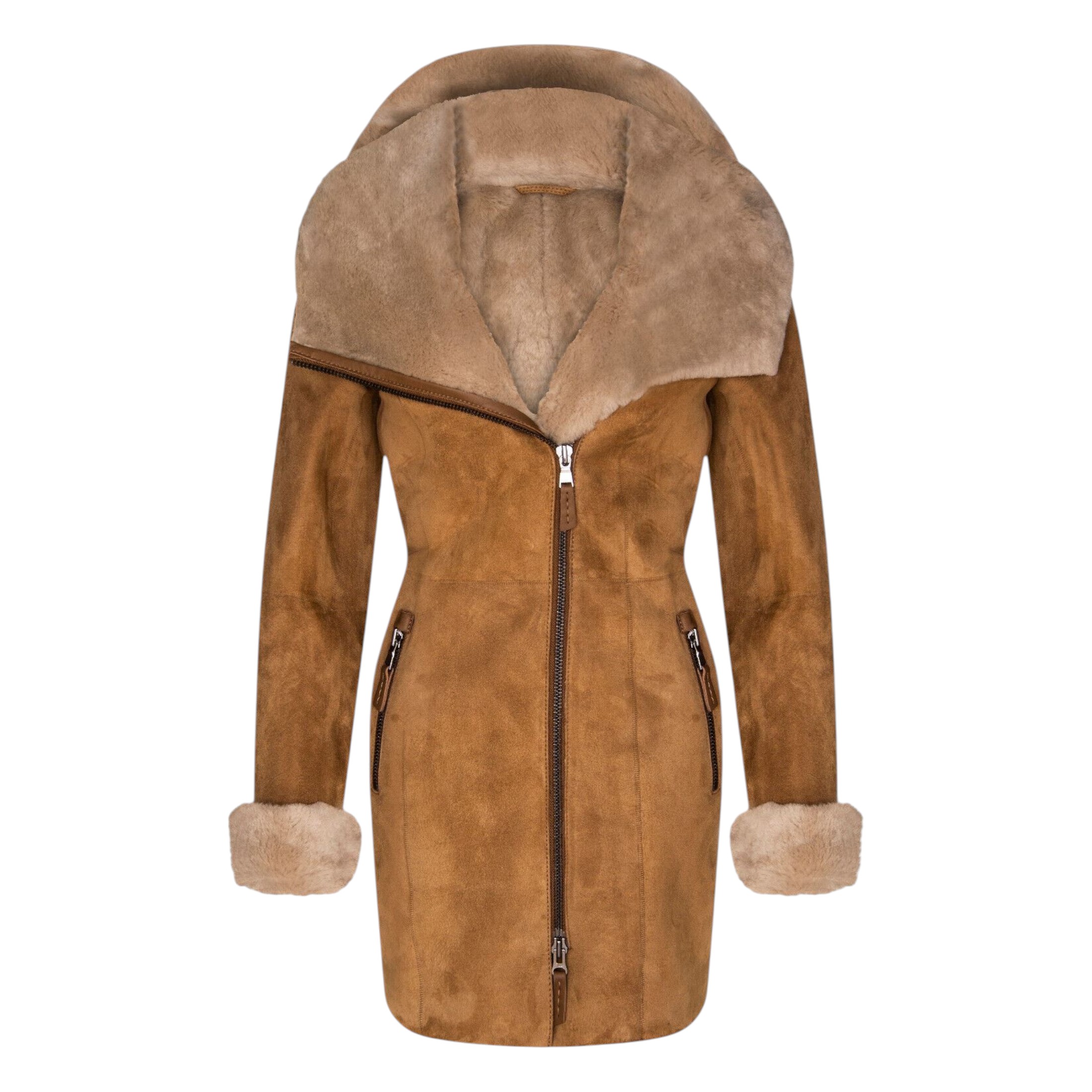 Infinity Leather Women's   Tan Suede Merino Sheepskin Hooded Coat-Ryde in Size 4XL, BrandAlley