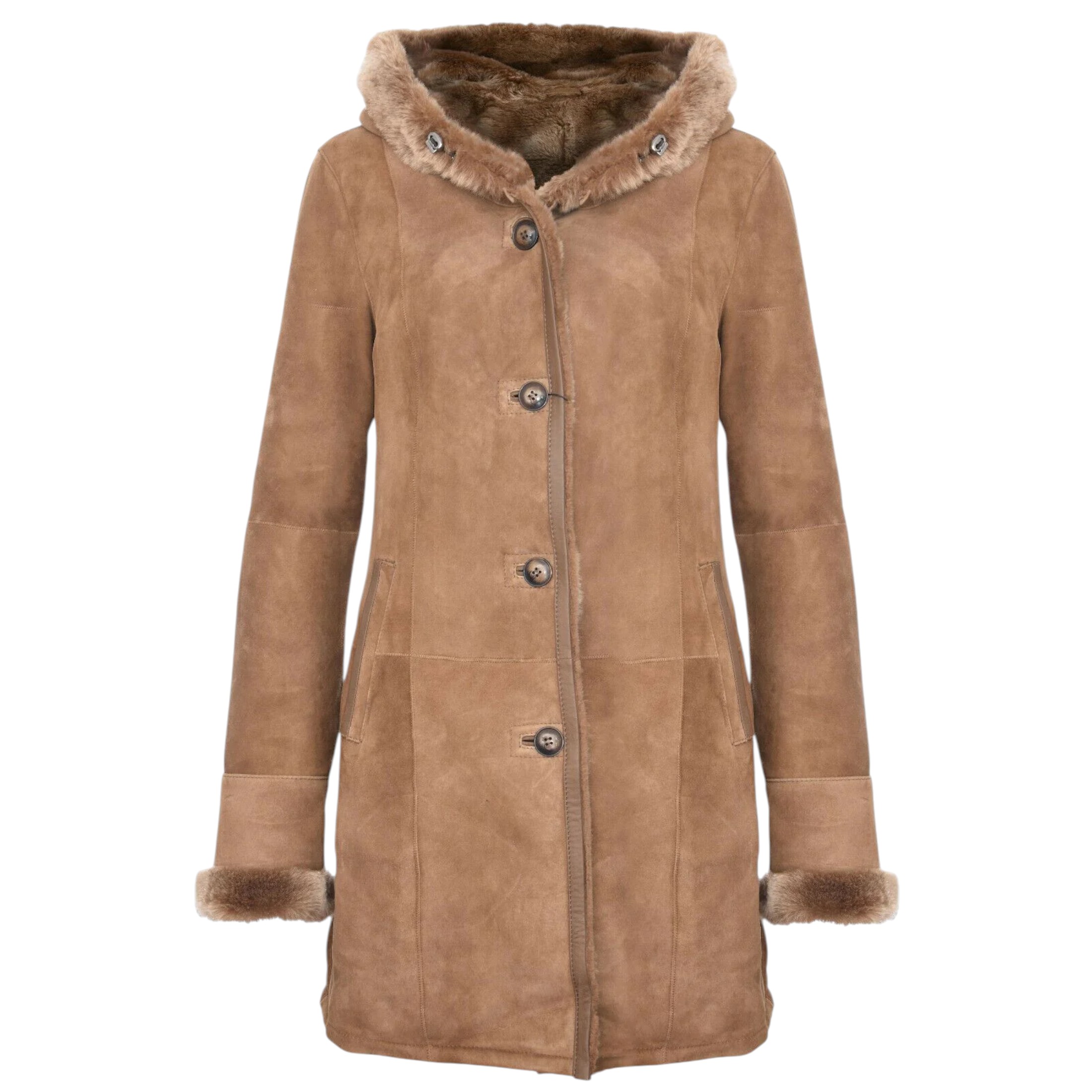 Infinity Leather Women's   Tan Suede Merino Sheepskin Hooded Coat-Richmond in Size XS, BrandAlley