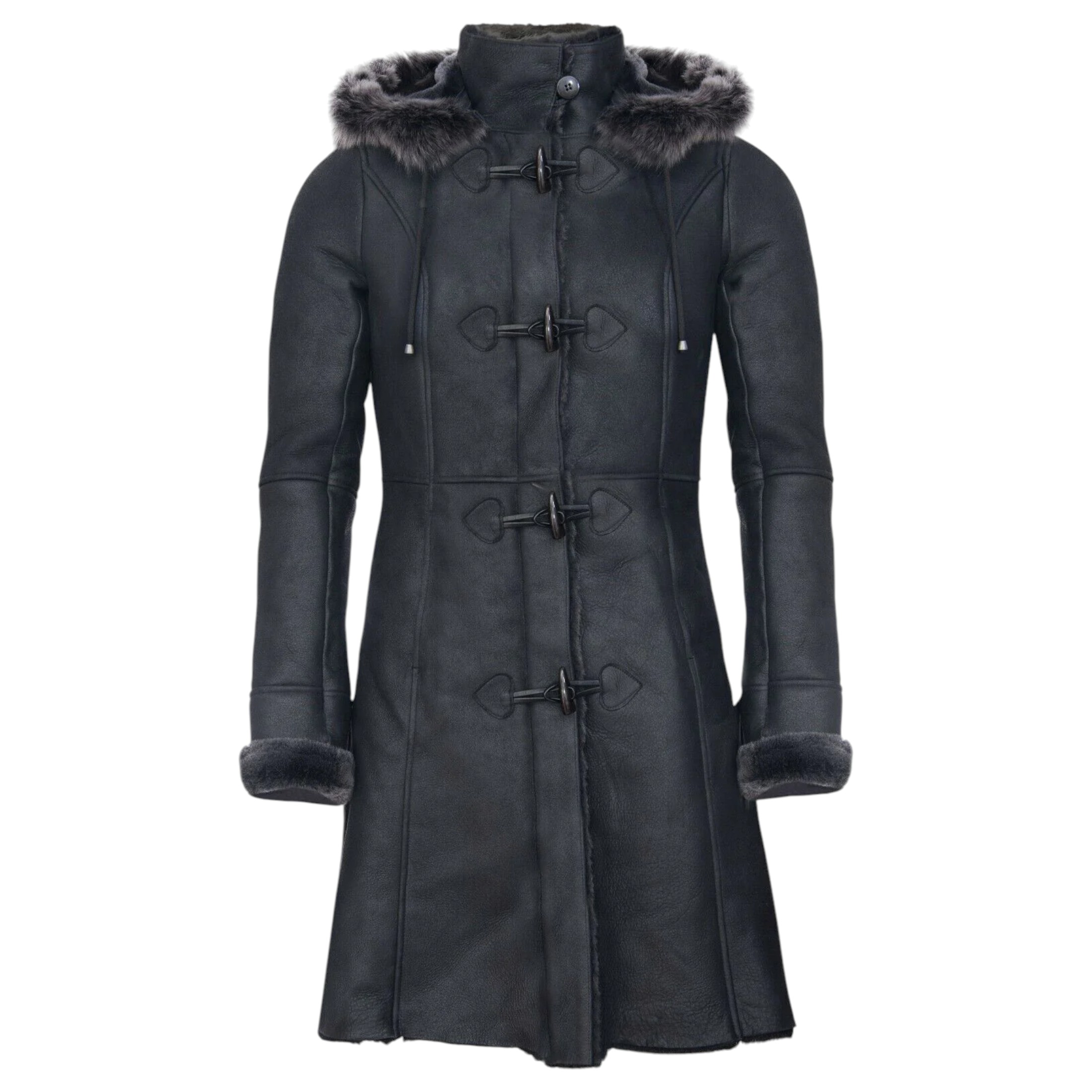 Infinity Leather Women's   Black Sheepskin Hooded Duffle Overcoat-Redhill in Size L, BrandAlley