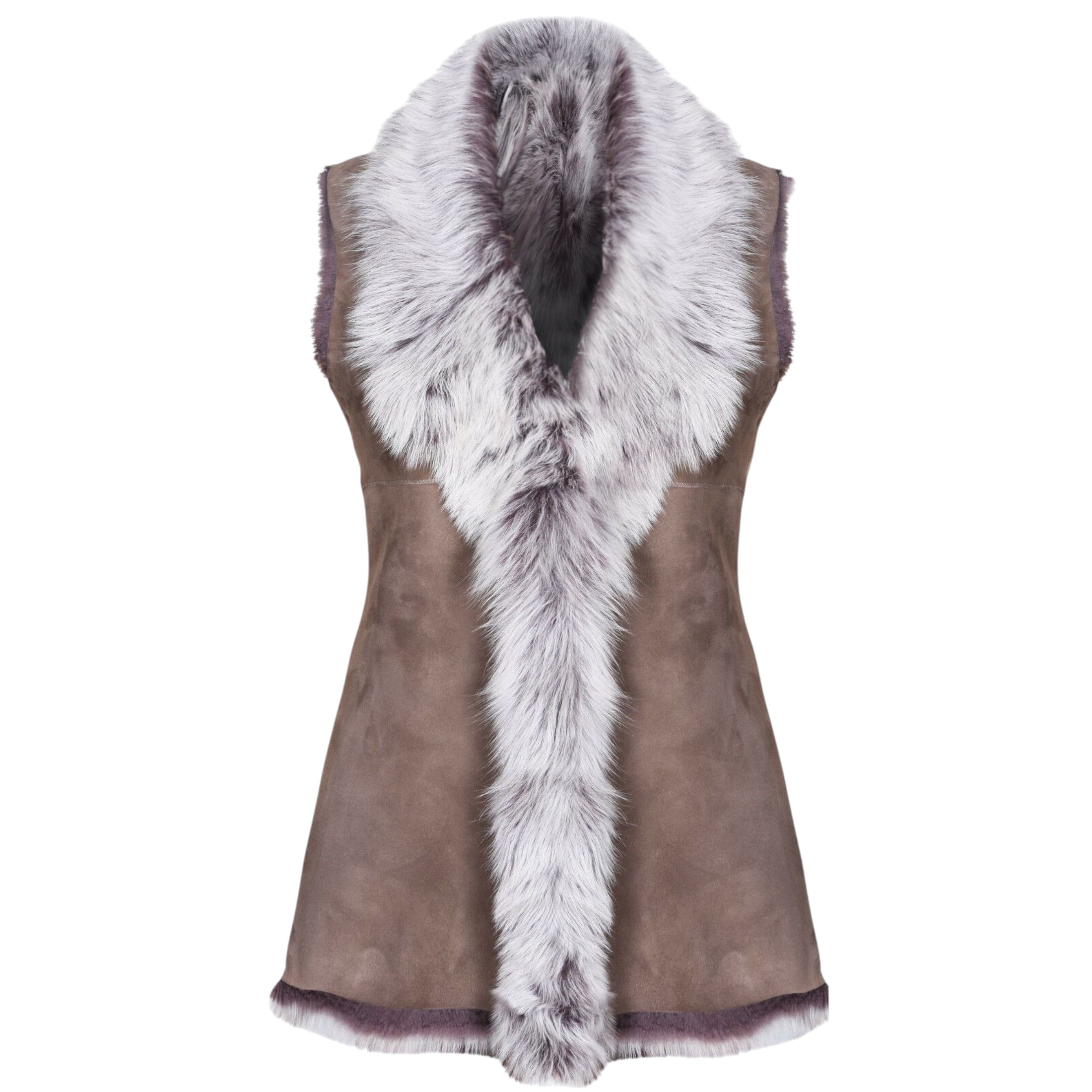 Infinity Leather Women's   Grey Taupe Warmer Toscana Sheepskin Long Gilet-Seaford in Size XS, BrandAlley