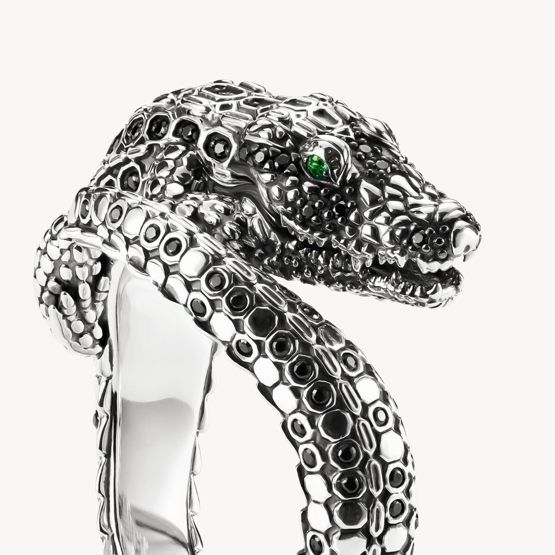 Thomas Sabo Women's  Blackened Silver & Green Crocodile Stones Ring in Size 48, BrandAlley