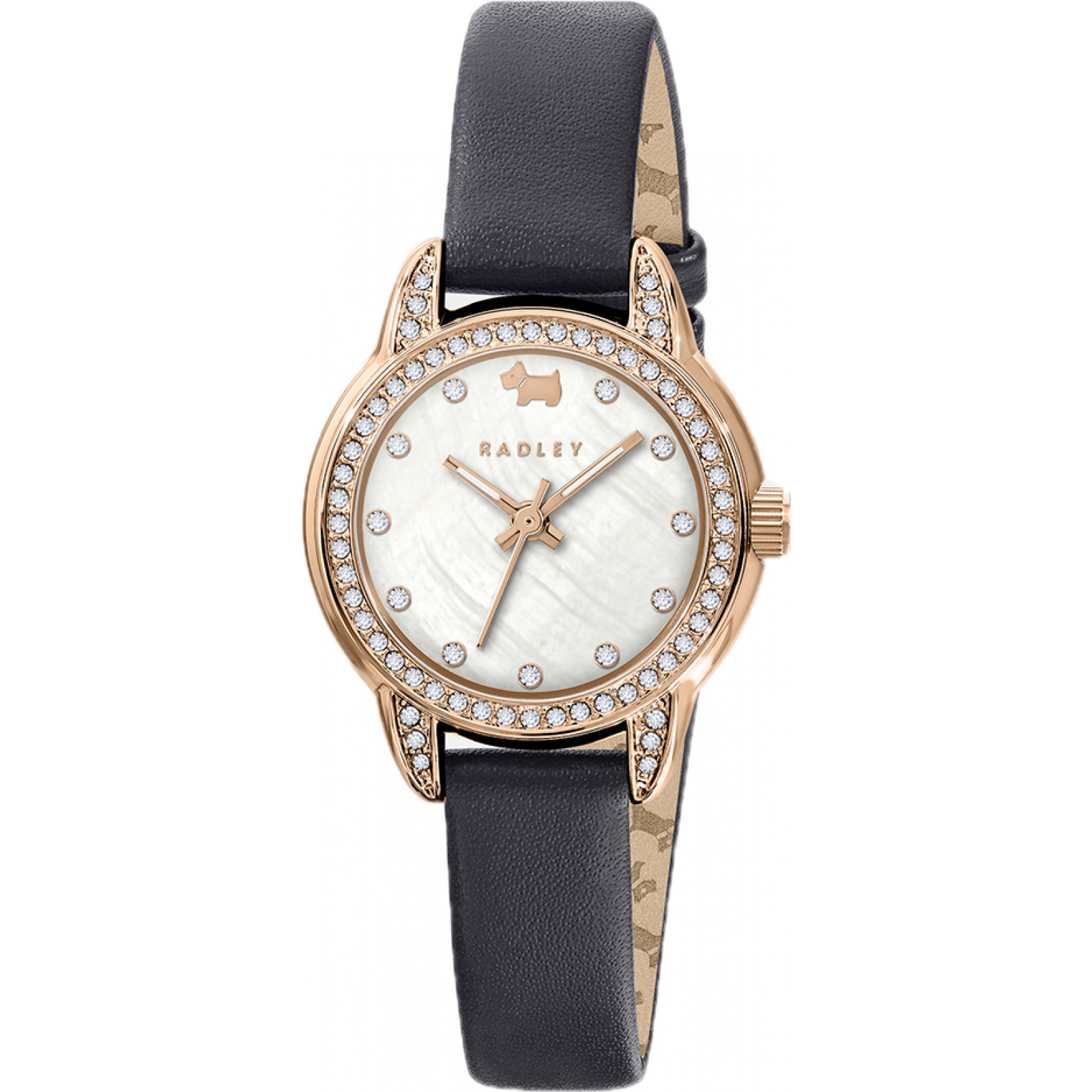 Radley Women's  Rose Gold Plated Stone Set Mother of Pearl Dark Blue Leather Strap Watch in Size 2, BrandAlley