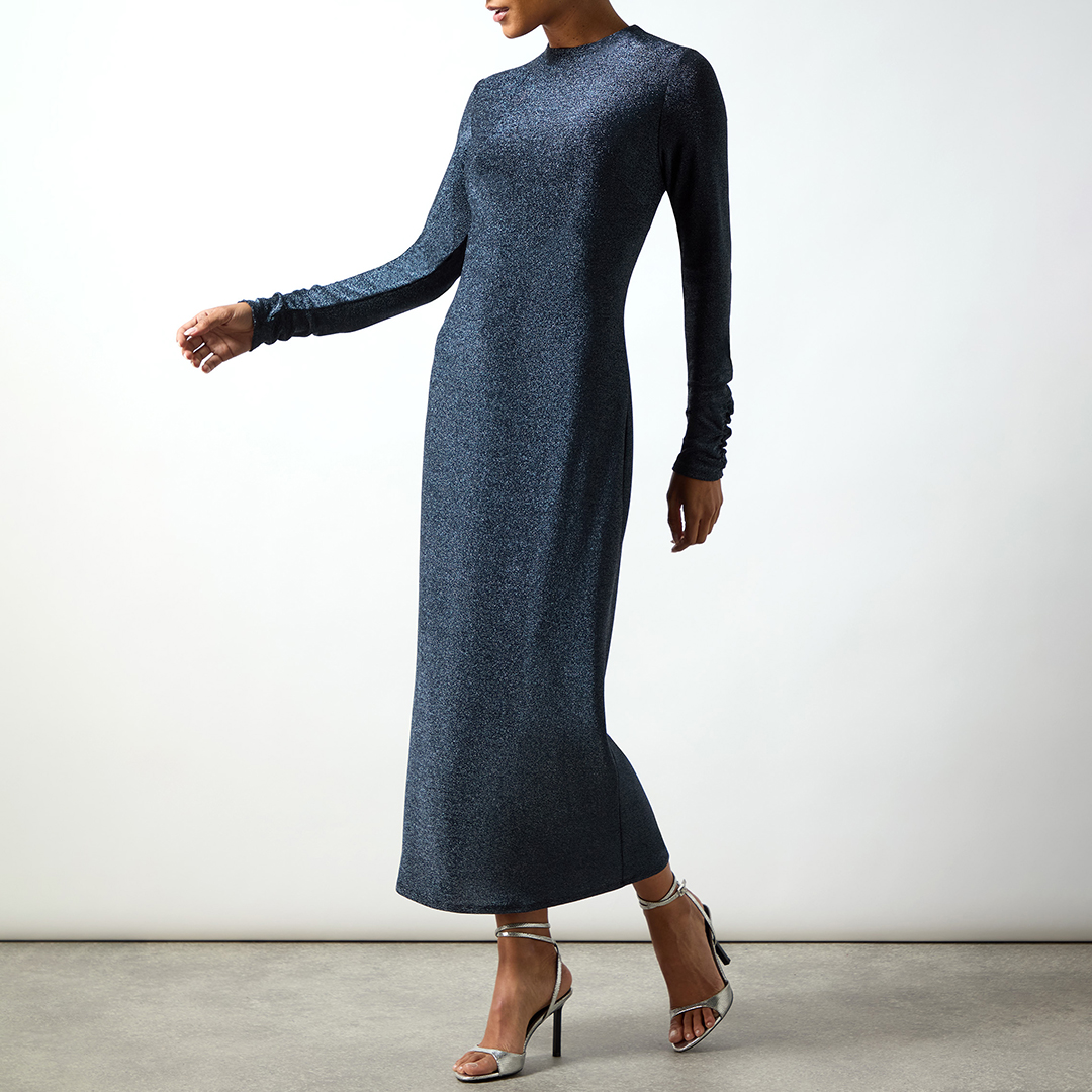 Delilah Navy Sparkle Jersey High Neck Midaxi Dress