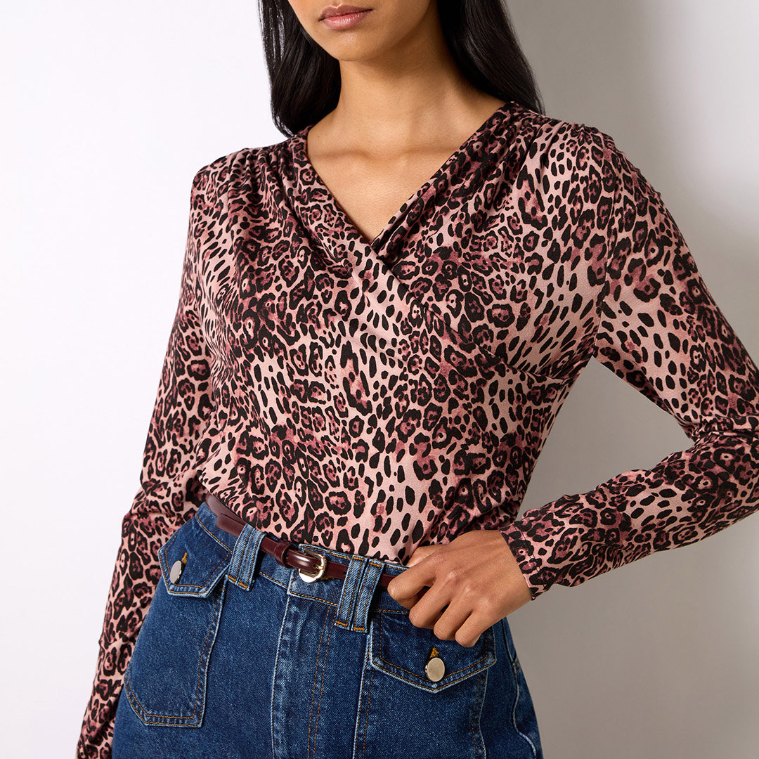 Pink Leopard Print Jersey Drape Front Top