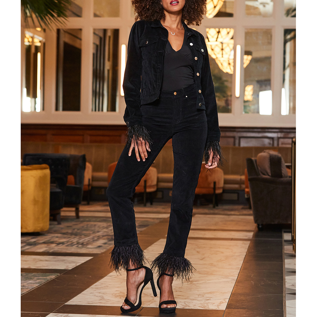 SOSANDAR Black Velvet Denim Jacket – Size 8 SOSANDAR Black Velvet Denim Jacket – Size 8