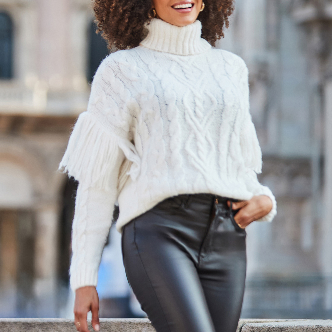 Cream Fringe Roll Neck Cable Jumper