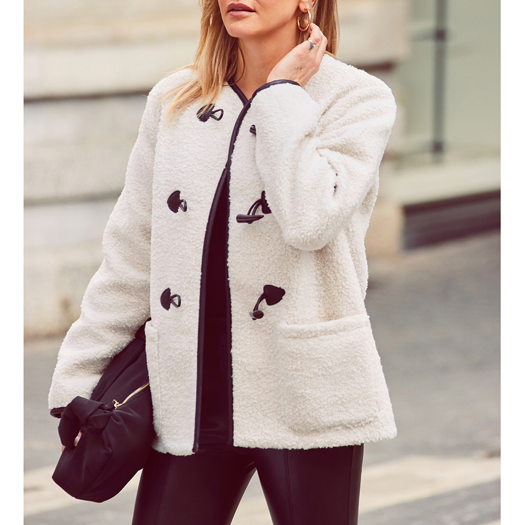 SOSANDAR Cream Collarless Borg Coat – Size 14 SOSANDAR Cream Collarless Borg Coat – Size 14