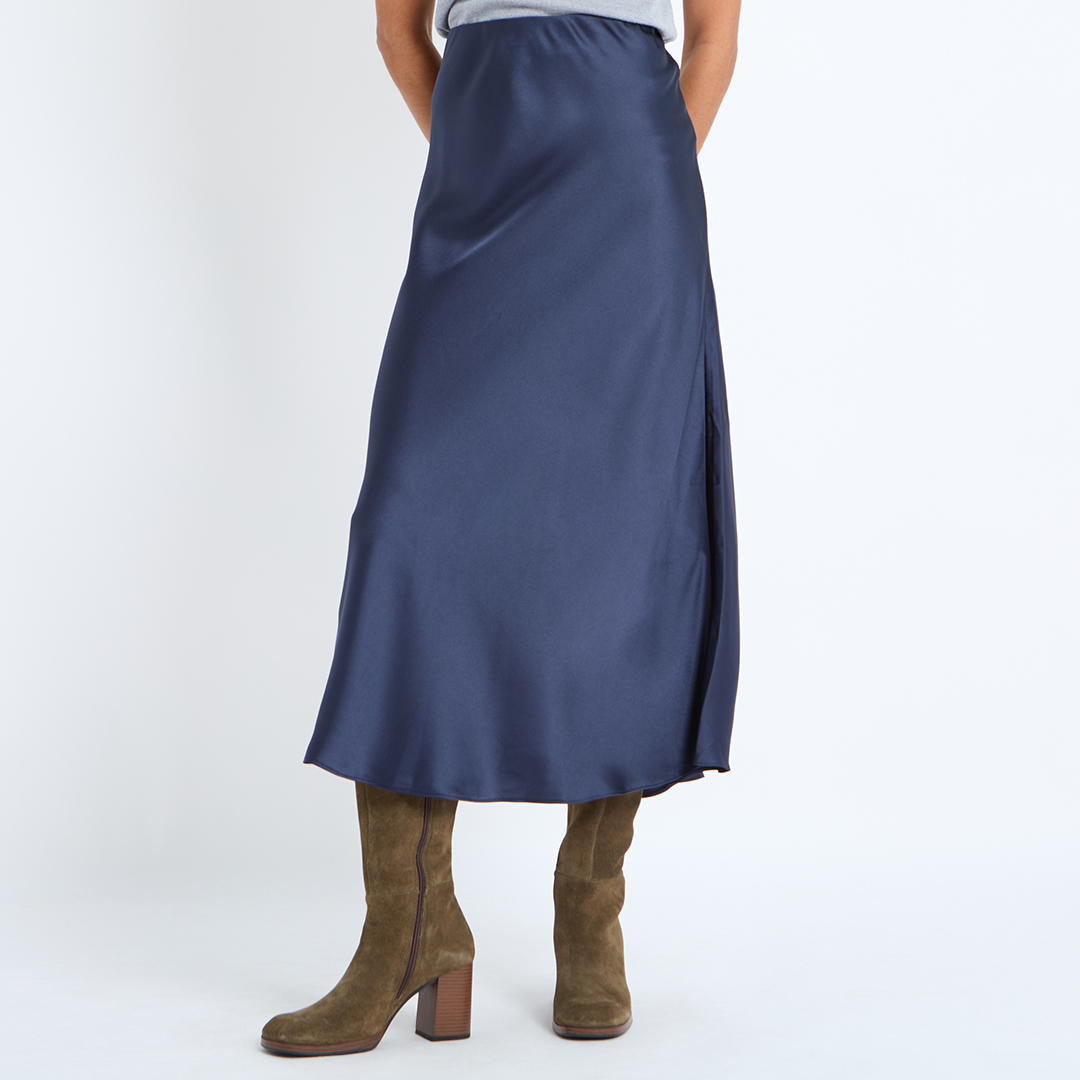 Stylish Review: Crew Clothing Navy Midi Satin Skirt Size 14