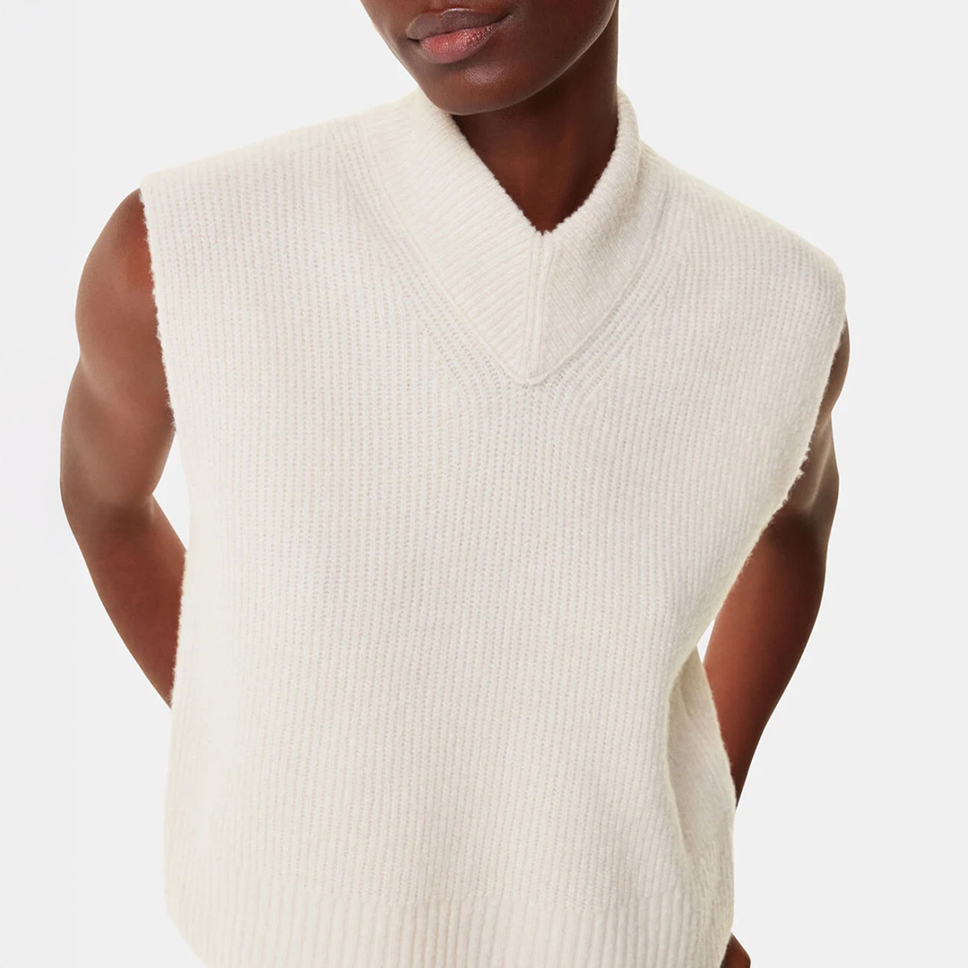 WHISTLES Women's  Ivory High V Neck Wool Jumper in Size M, BrandAlley