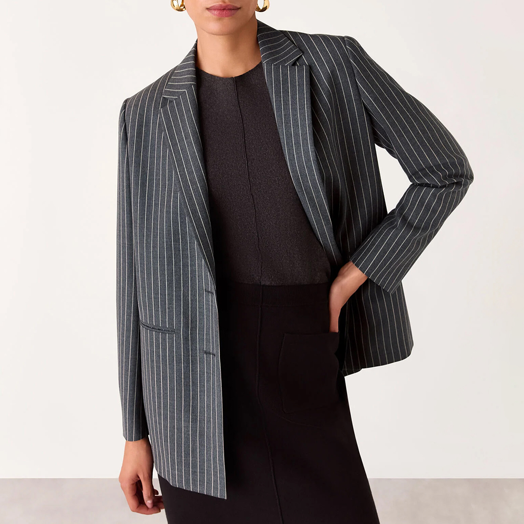 WHISTLES Women's  Grey Isla Pinstripe Wool Blend Blazer in Size 10, BrandAlley