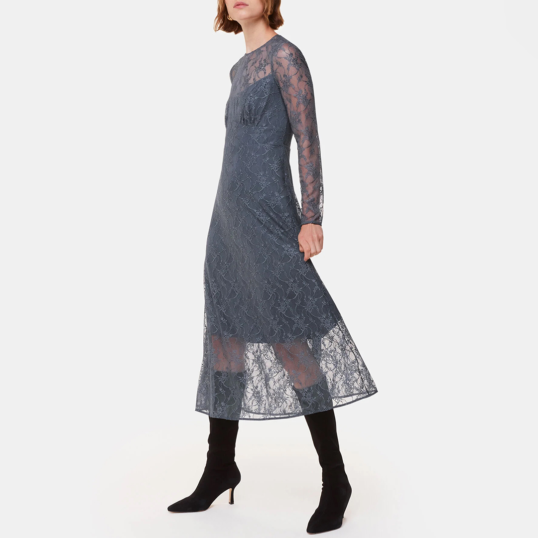 WHISTLES Women's   Grey Fay Lace Long Sleeve Dress in Size 12, BrandAlley