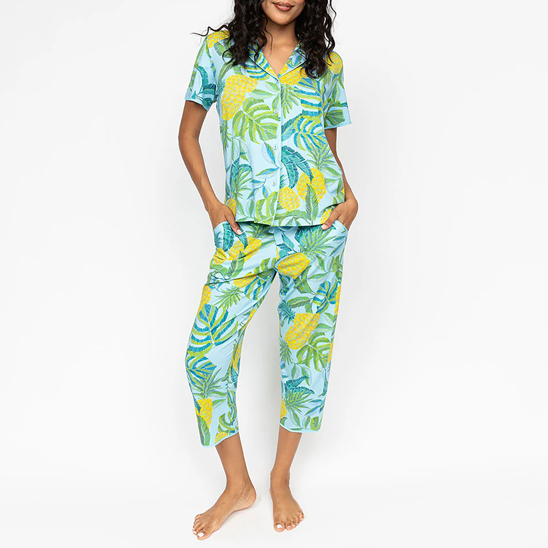 Light Blue Pineapple Printed Cropped Pyjama Bottoms