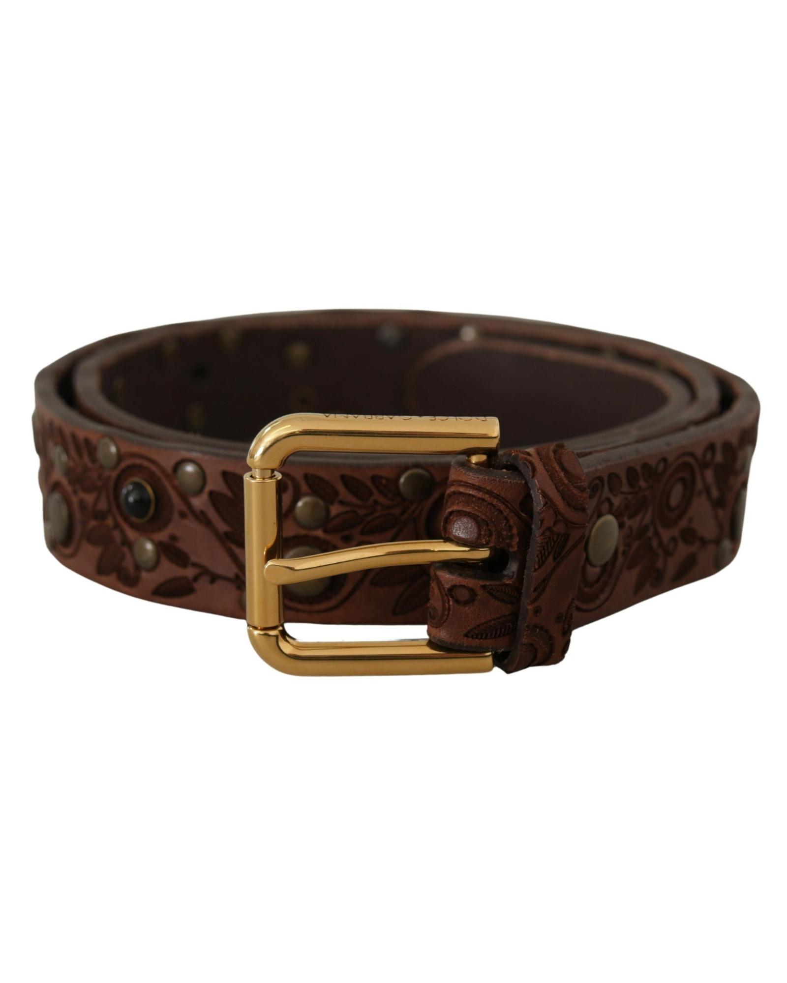 Embossed Floral Leather Belt - Brown