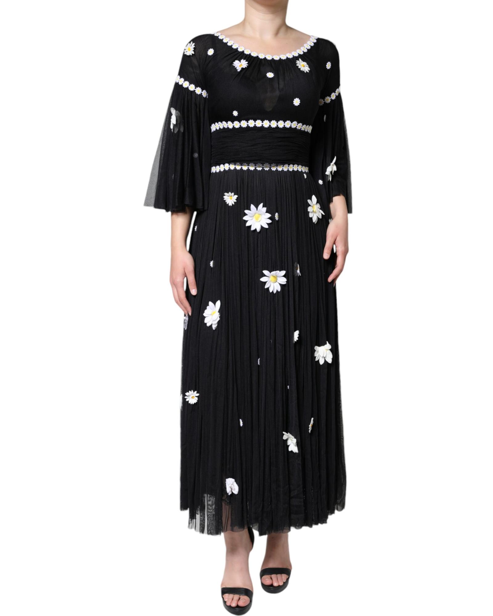 Daisy Appliqu Dress Floral Midi Dress Wo - Black Dresses