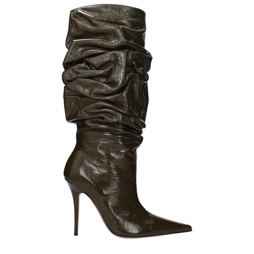 Amina Muaddi Leather High Heel Pointy Toe Boots Wo - Green - Size 36