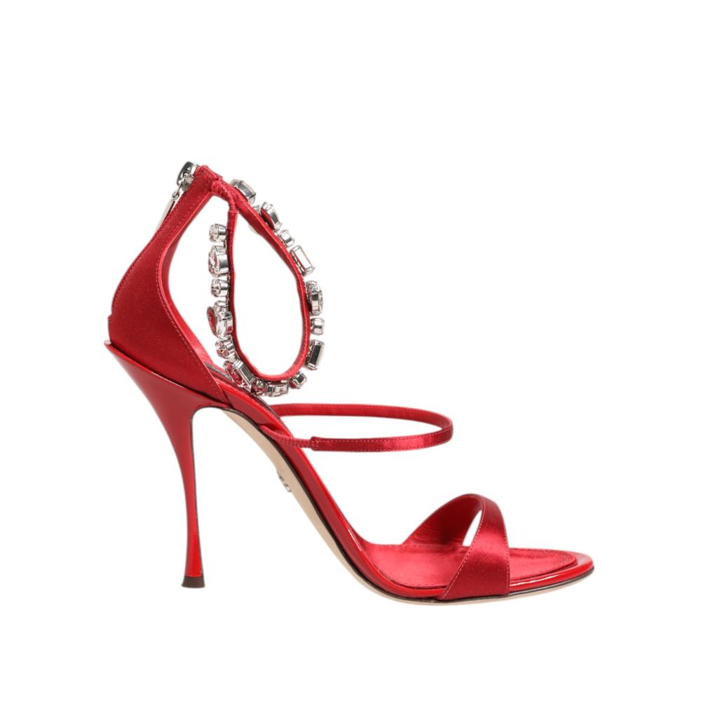 Satin Crystal Embellished Ankle Strap Sandal Heels Wo - Red