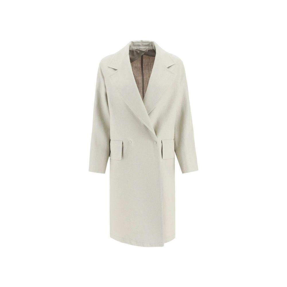 Double-Breasted Linen Coat with Removable Belt Wo - Beige Jackets