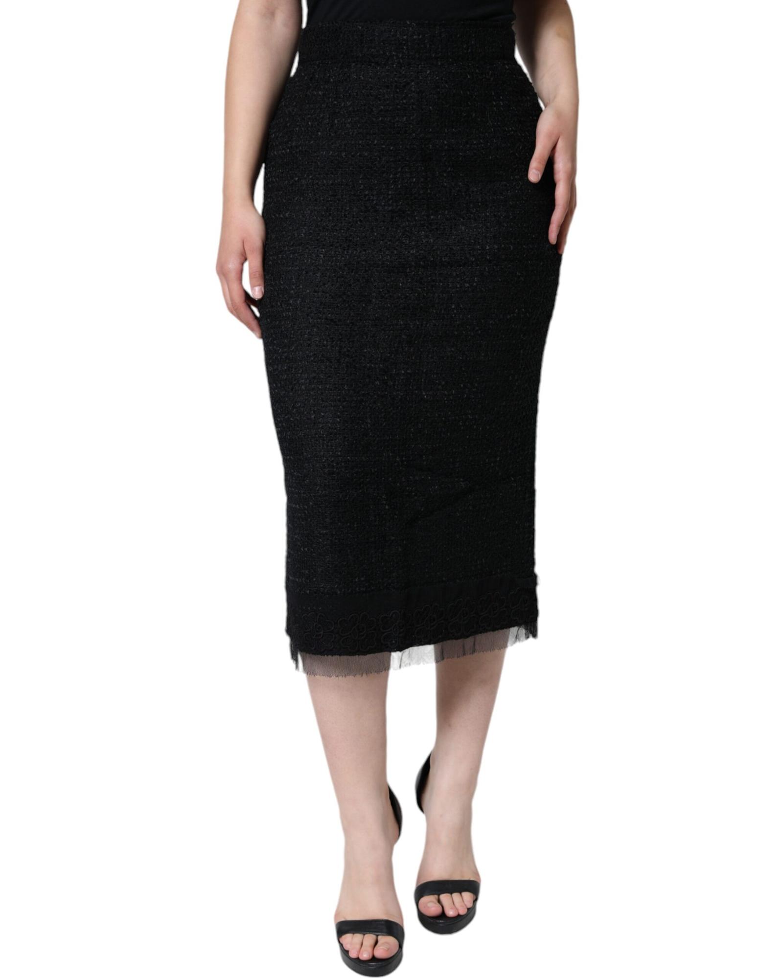 Dolce & Gabbana Pencil Skirt Tweed Tulle Hem Wo - Black - Size 42