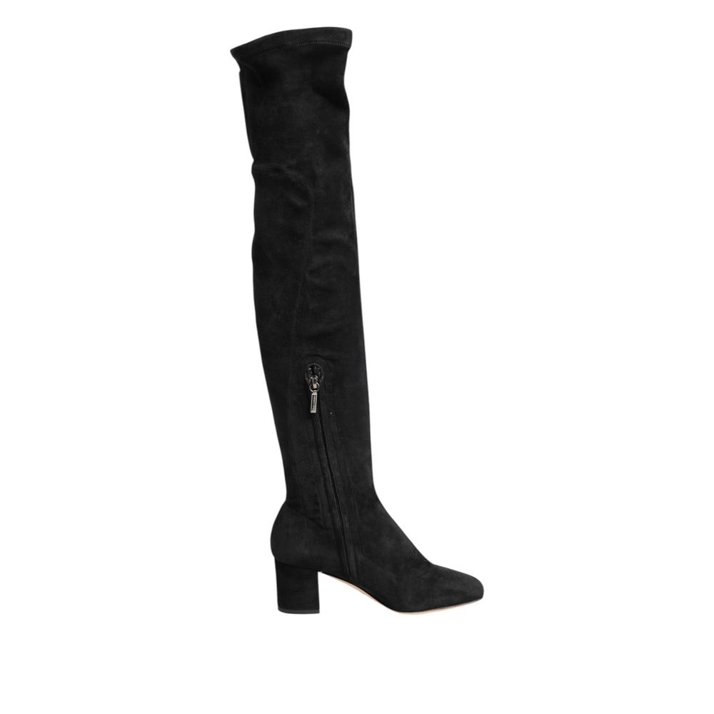 Suede Leather Knee-High Boots with Zipper Closure Wo - Black