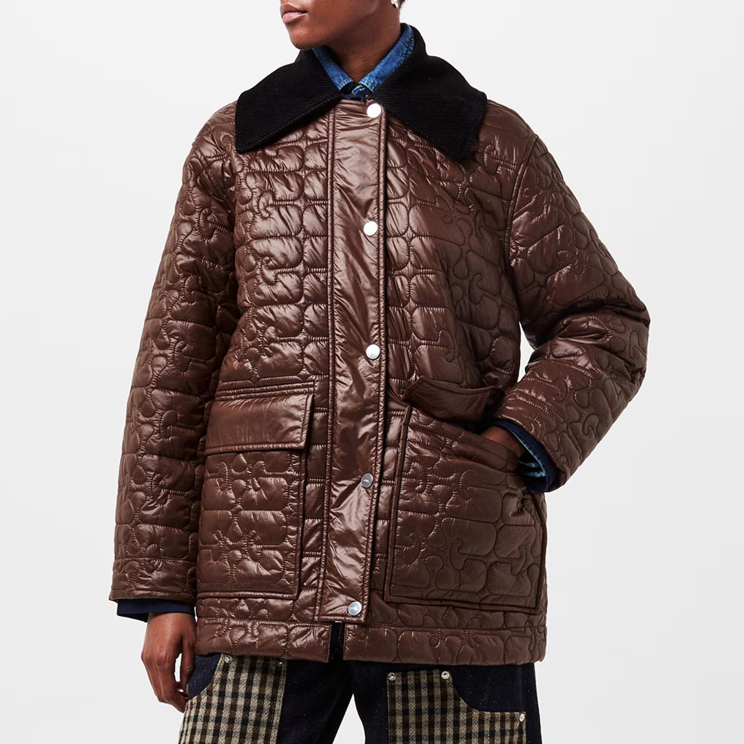 Ganni Women's   Brown Chicory Coffee Quilted Jacket in Size L/XL, BrandAlley