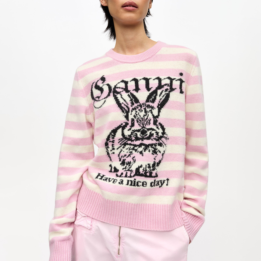 Ganni Women's  Pink Stripe Wool Blend Bunny Jumper in Size XS, BrandAlley