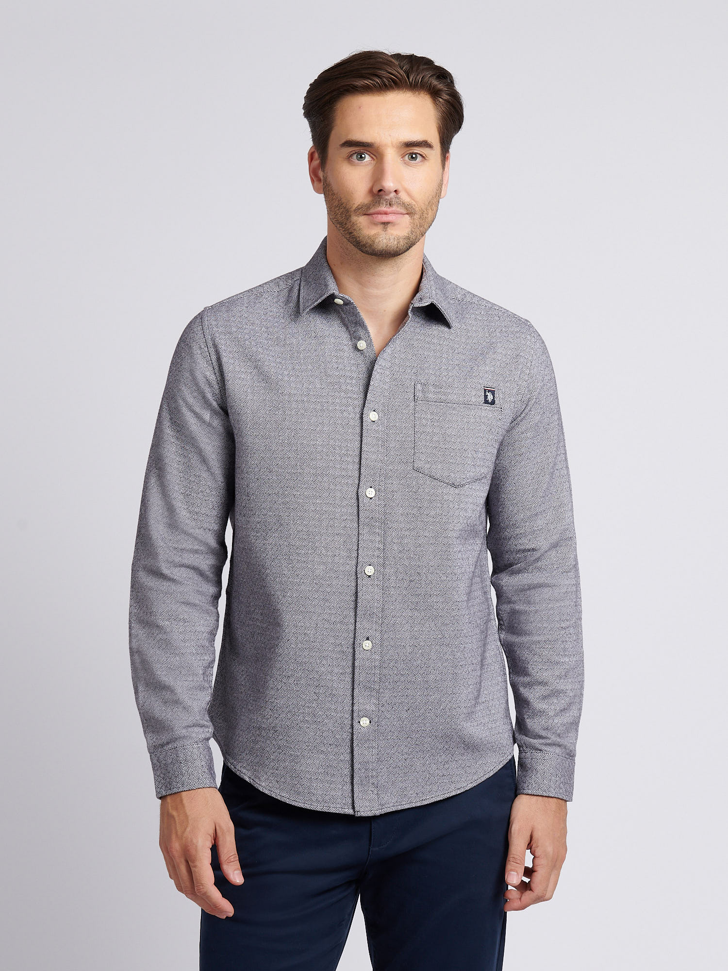U.S. Polo Assn. Men's U.s. Polo Assn.  Navy Grey Herringbone Textured Shirt in Size XXL, BrandAlley