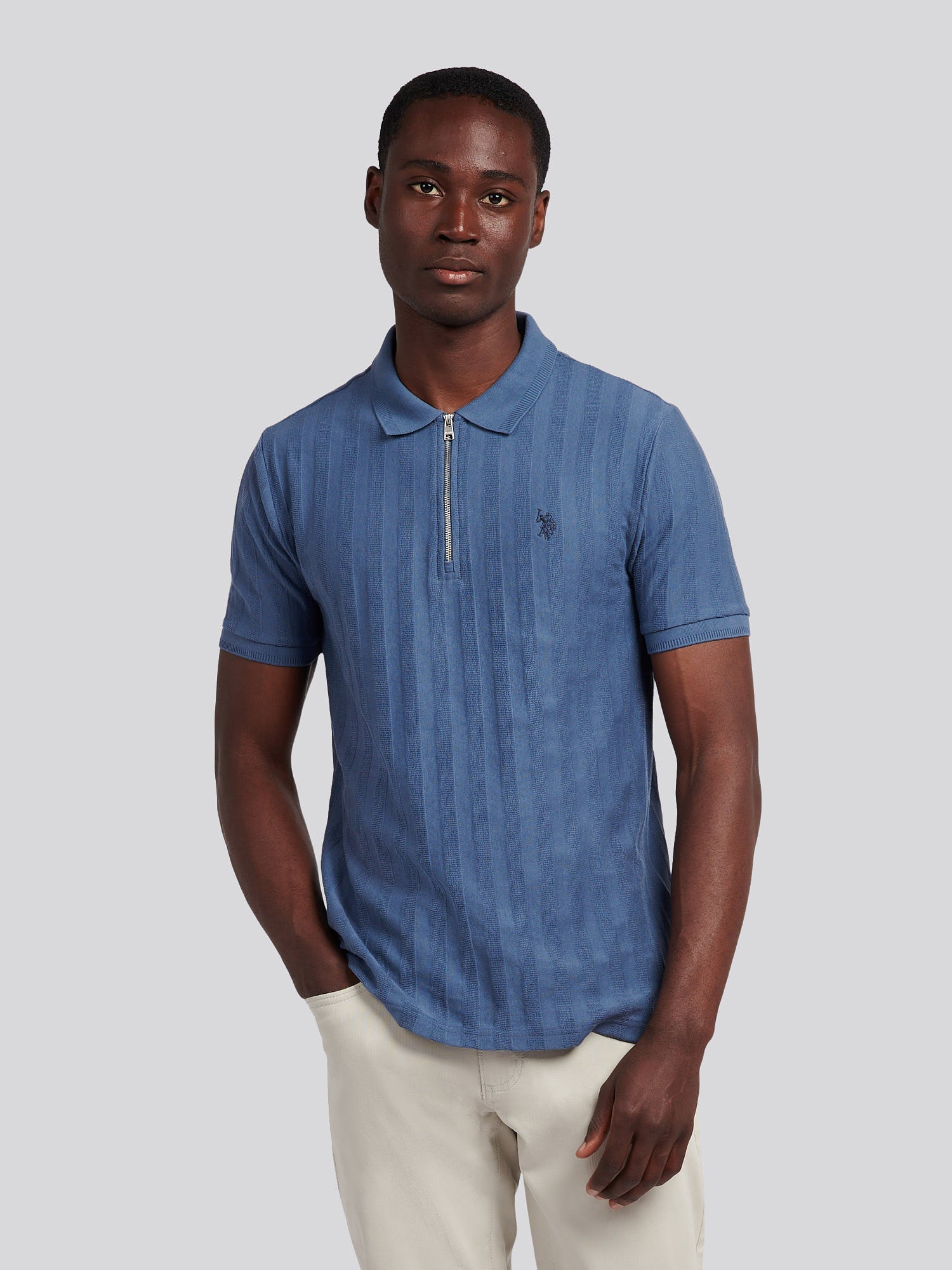 U.S. Polo Assn. Men's U.s. Polo Assn.  Blue Vertical Stripe Texture Zip Polo in Size XXL, BrandAlley