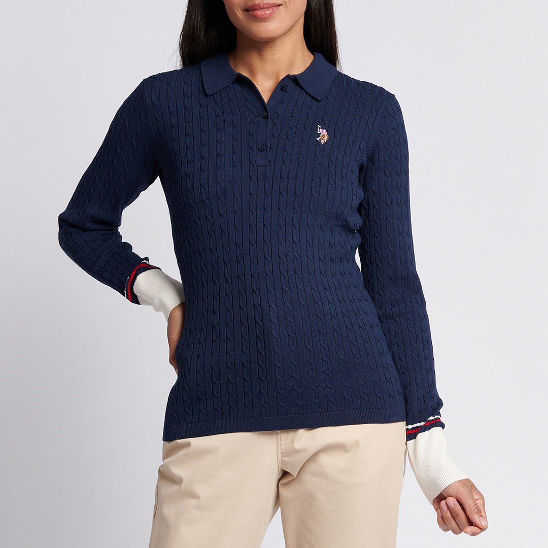 Navy Fine Cable Knit Polo