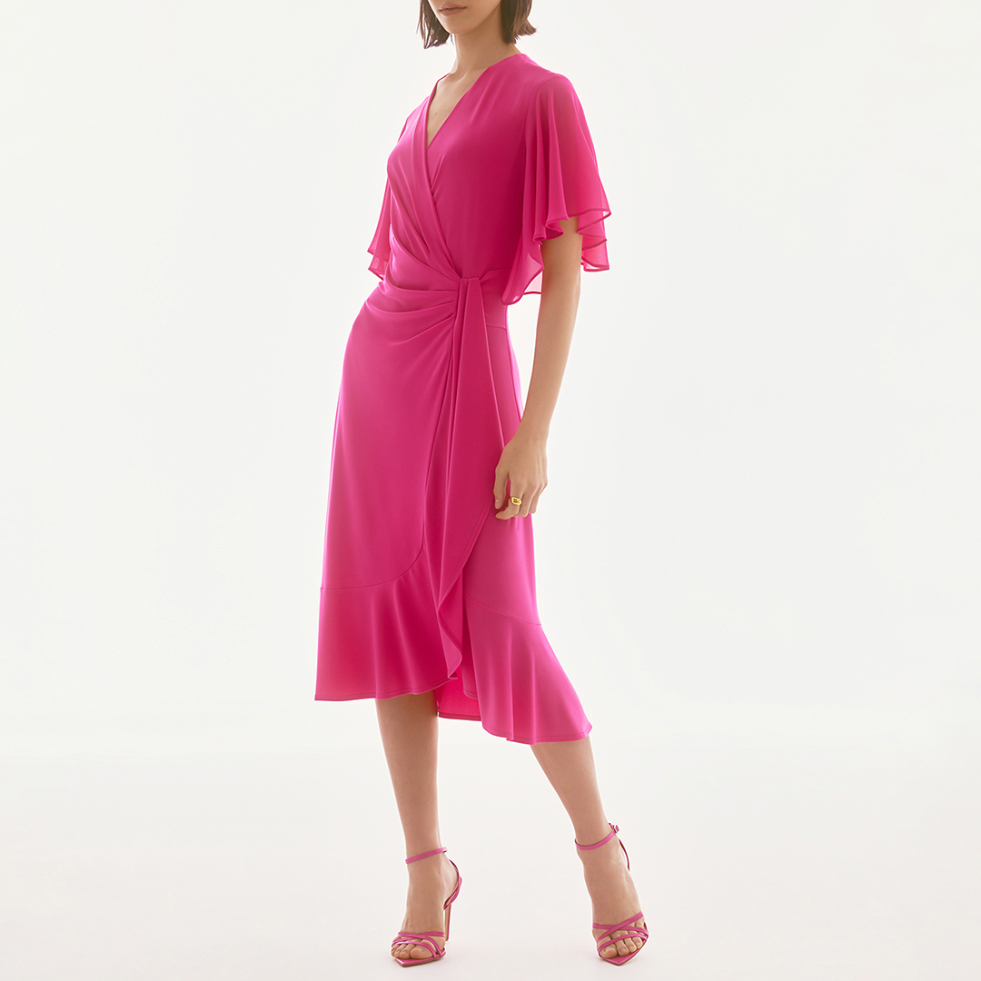 Bright Pink Flutter Sleeve Wrap Dress Bright Pink Flutter Sleeve Wrap Dress