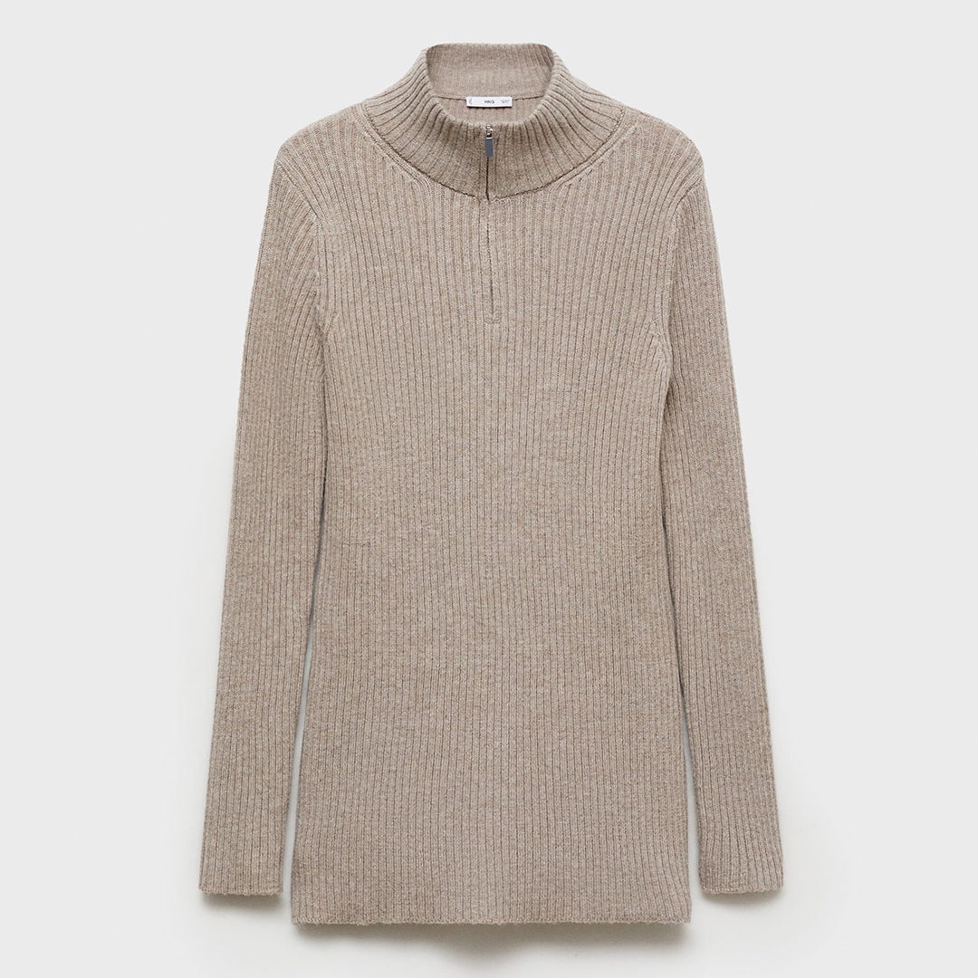 Mango Women's   Grey Ribbed 1/4 Zip Wool Blend Jumper in Size M, BrandAlley
