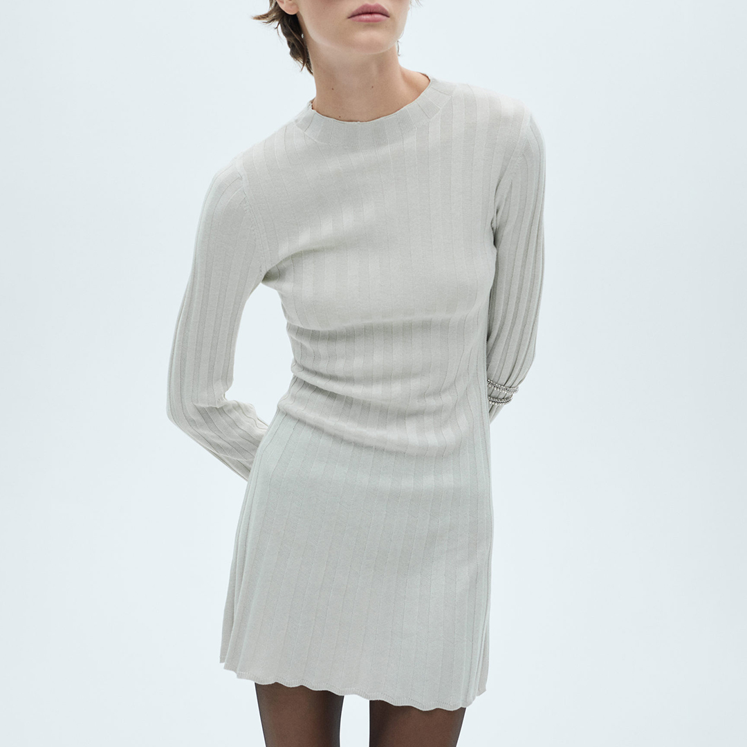 Mango Women's  Beige Perkins Neck Knitted Dress in Size XS, BrandAlley