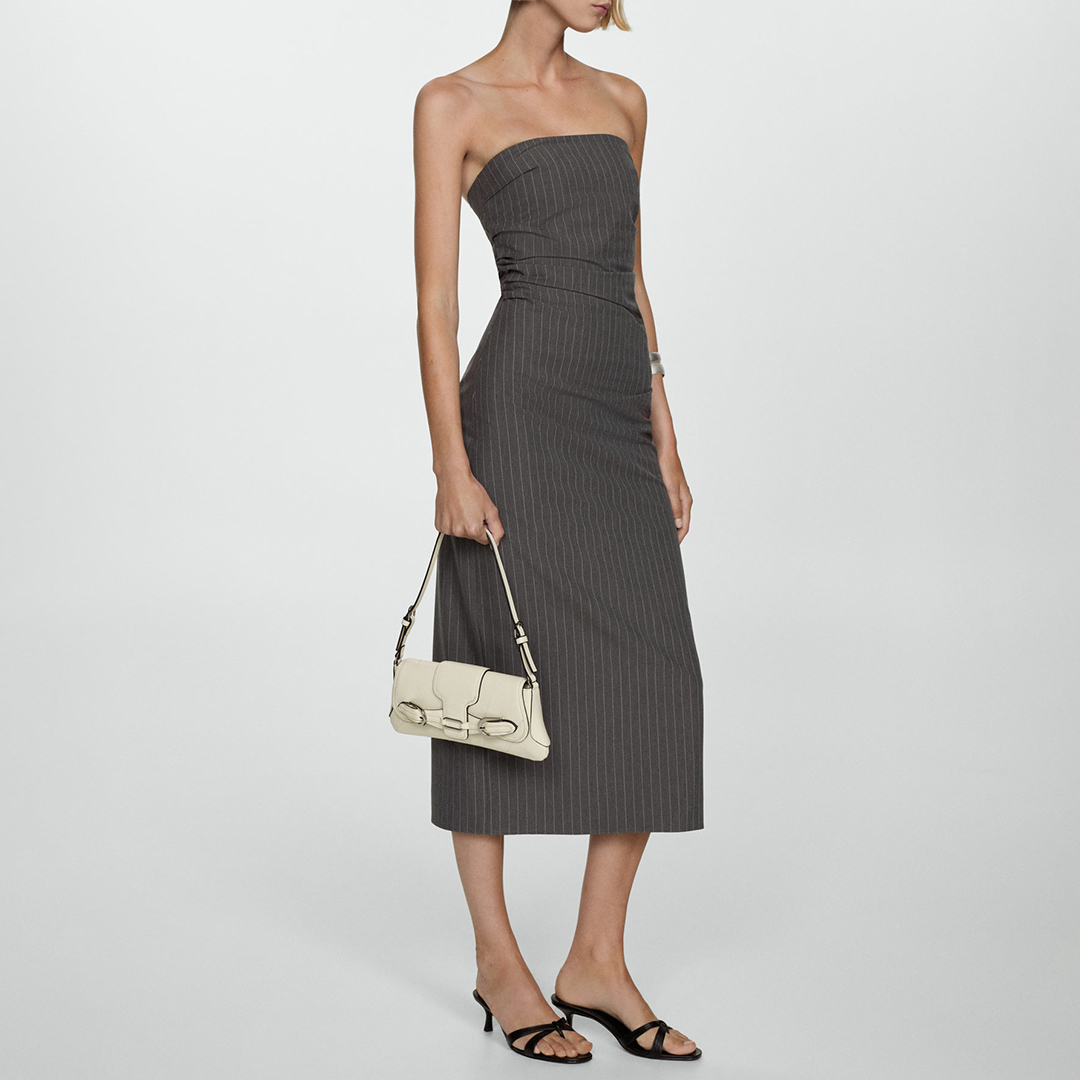 Grey Strapless Pinstripe Dress