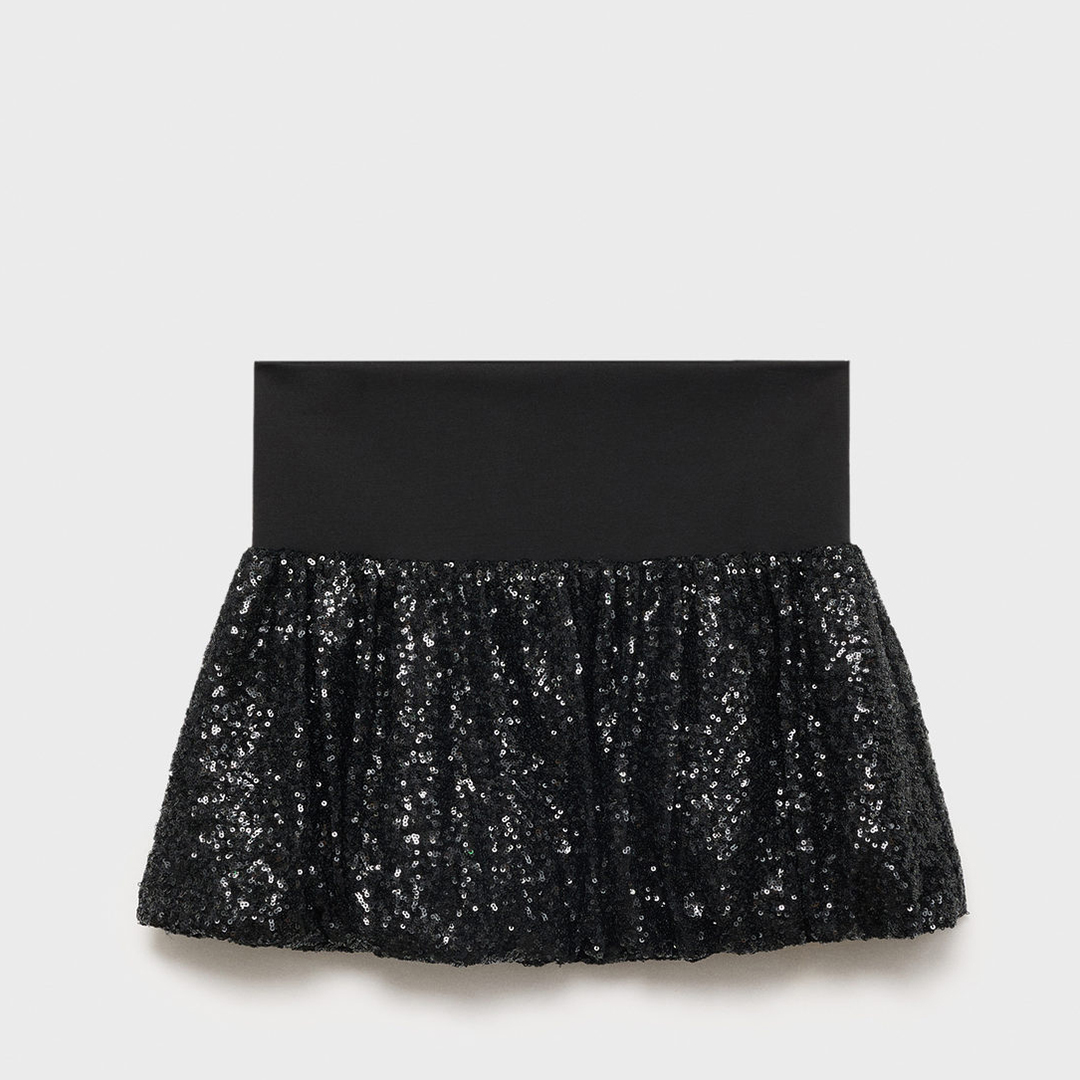 Mango Women's  Black Sequin Balloon Mini Skirt in Size L, BrandAlley