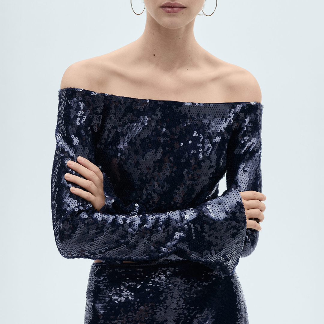 Blue Off The Shoulder Sequined Blouse