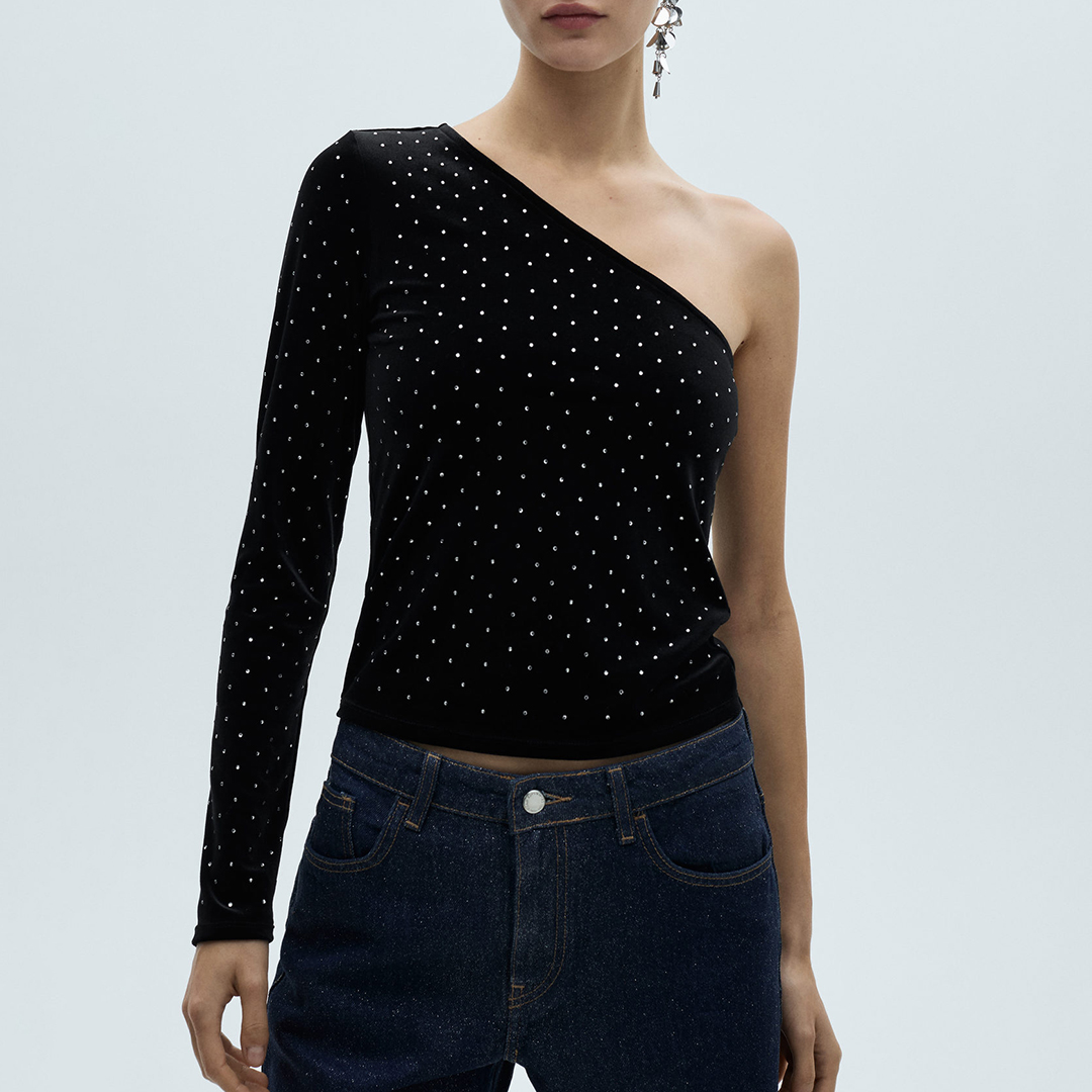 Mango Women's   Black Asymmetrical Velvet Top With Rhinestones in Size S, BrandAlley