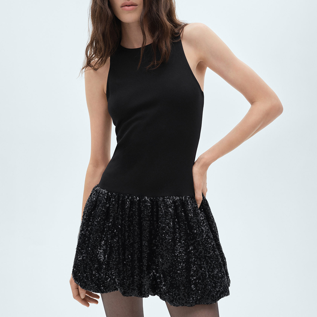 Mango Women's  Black Sequin Balloon Skirt Dress in Size S, BrandAlley