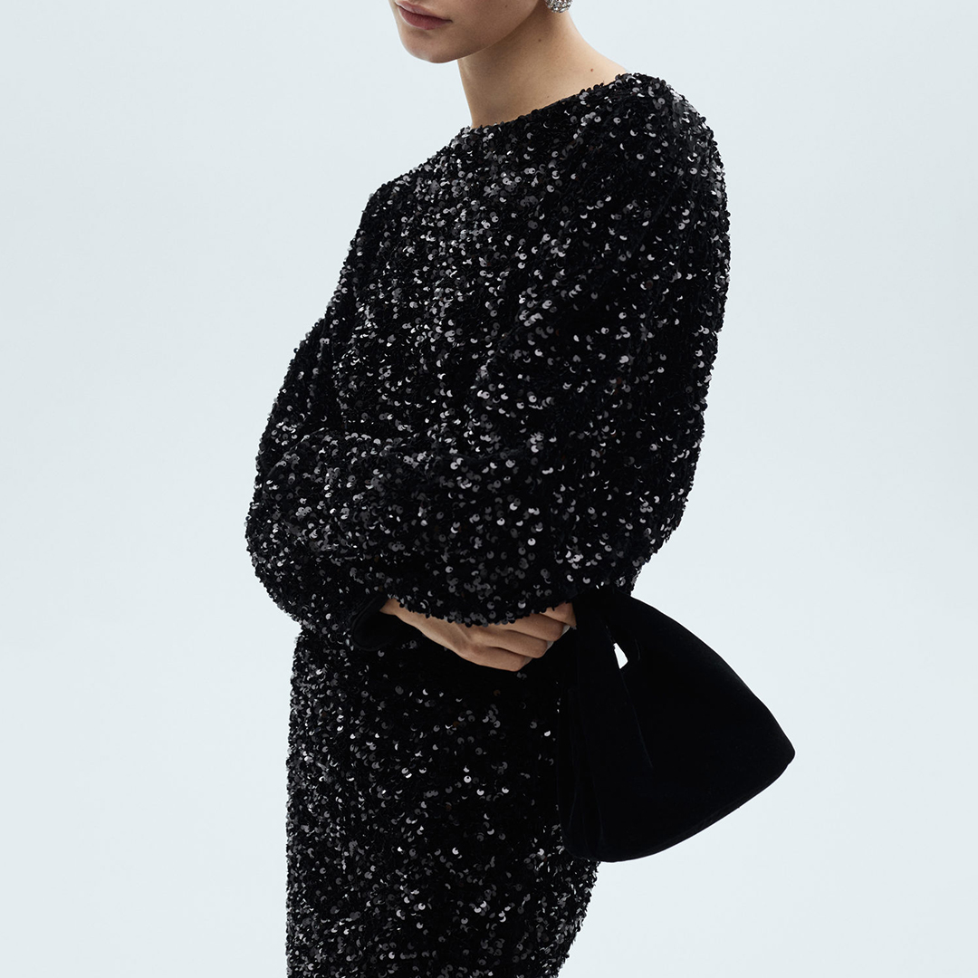 Mango Women's   Black Puffed Sleeves Sequined Dress in Size S, BrandAlley