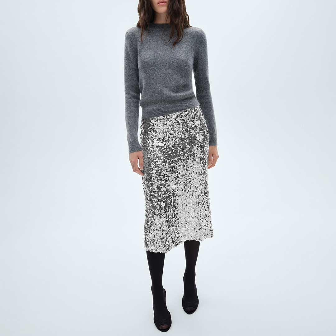 Silver Sequin Midi Skirt