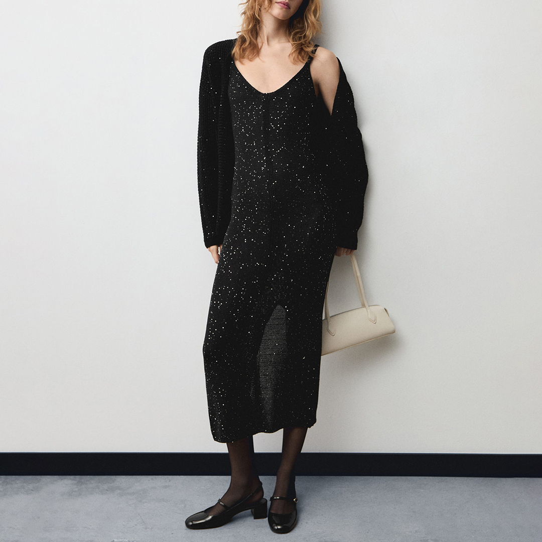 Mango Women's  Black Knitted Dress With Sequin Detail in Size L, BrandAlley