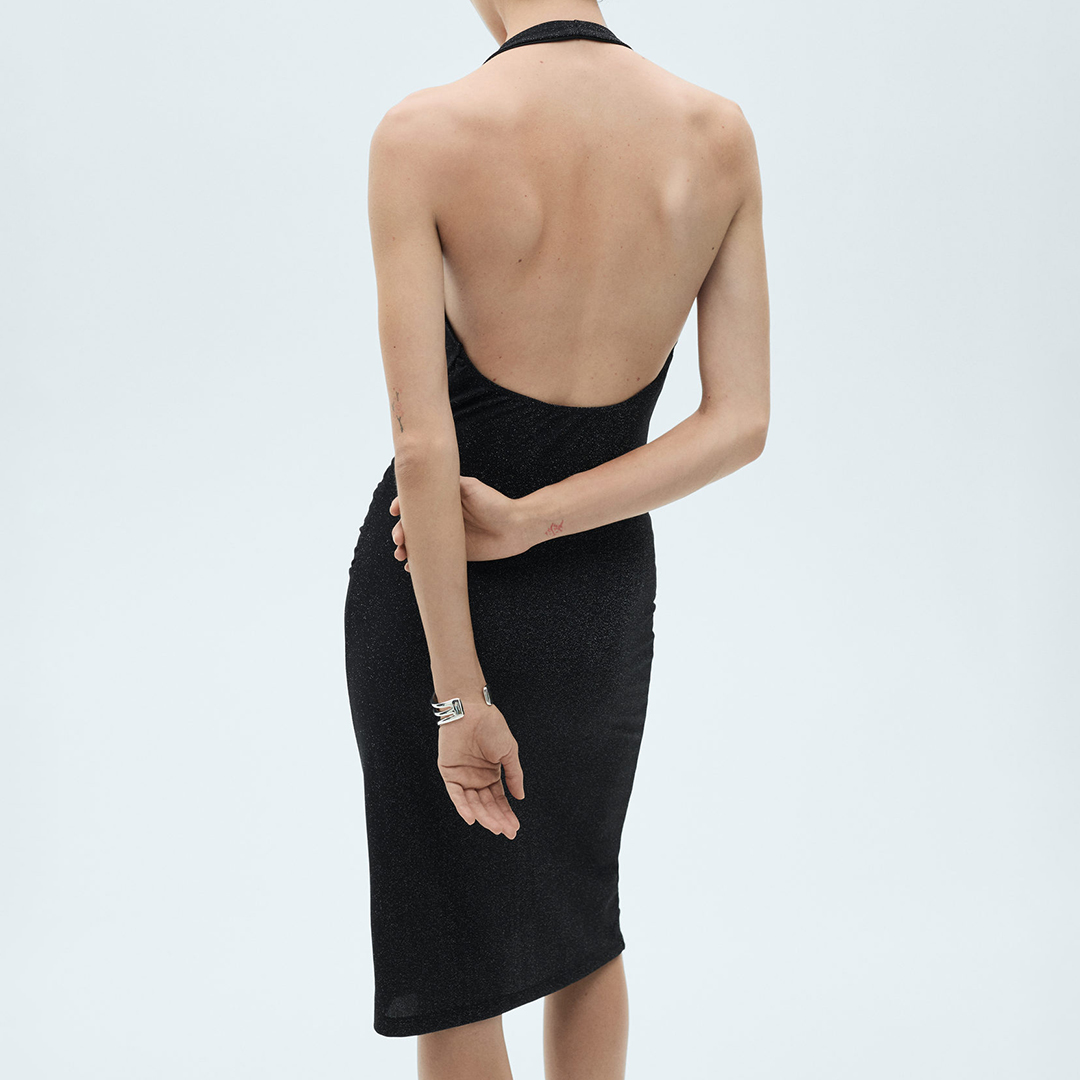 Mango Women's  Black Lurex Dress With Draped Neck in Size L, BrandAlley