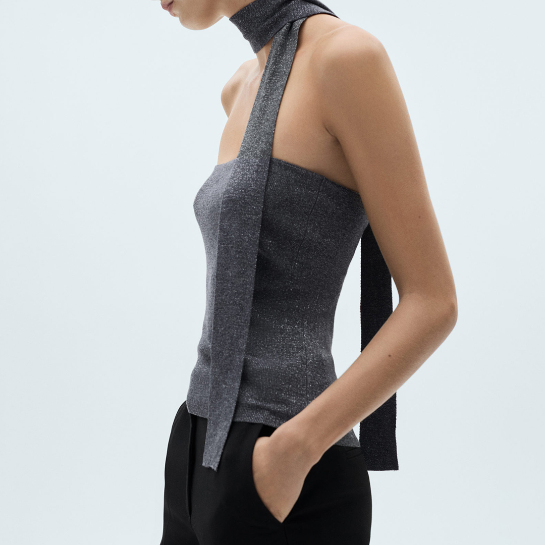 Mango Women's   Grey Lurex Top With Bow in Size L, BrandAlley