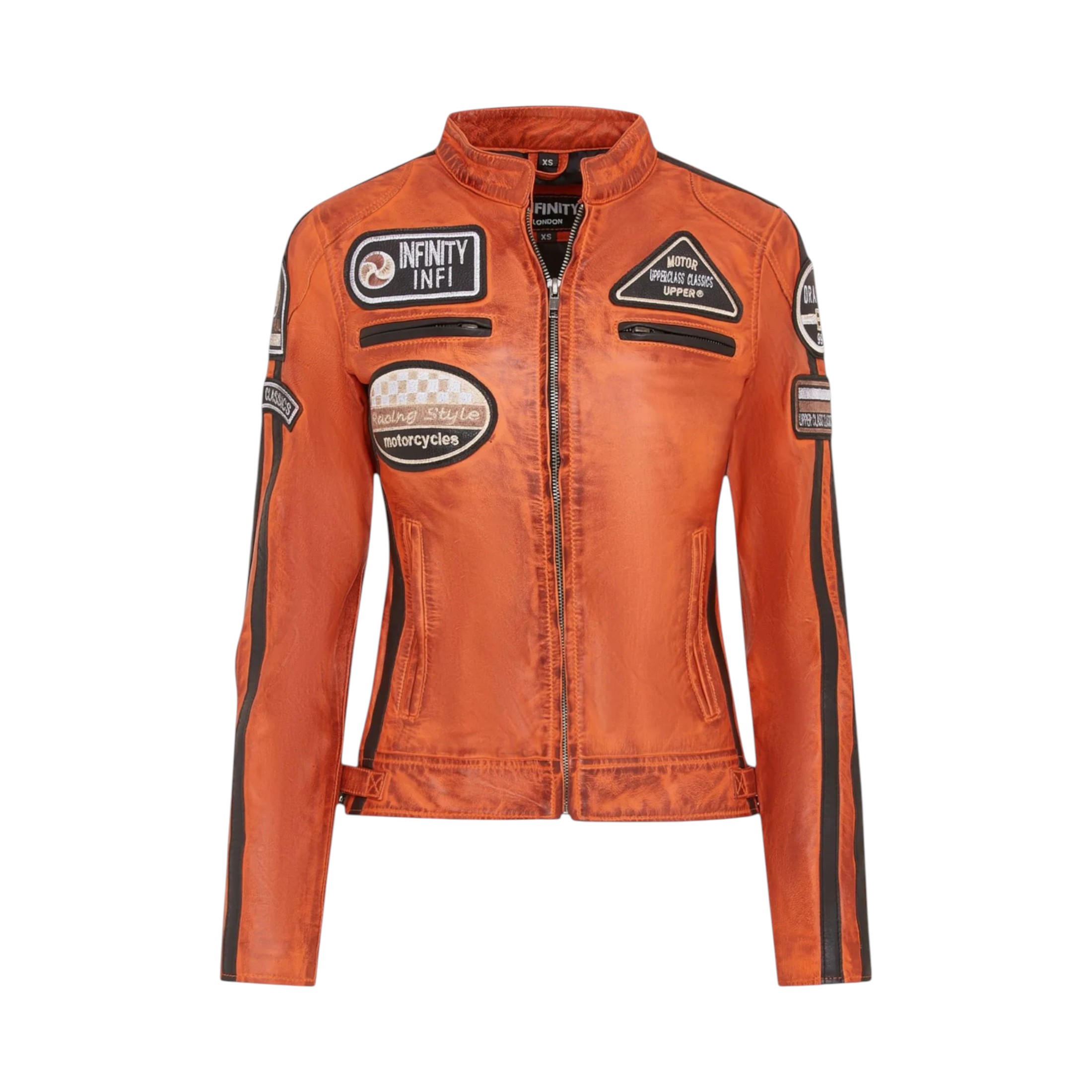 Infinity Leather Women's   Orange Biker Racing Badges Leather Jacket-Eastleigh in Size XL, BrandAlley
