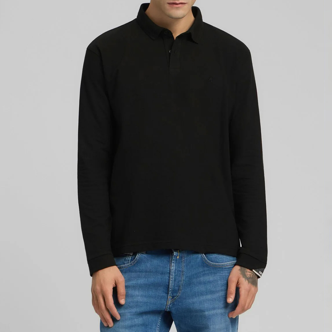 Replay Men's  Black Long Sleeve Stretch Cotton Polo Shirt in Size L, BrandAlley