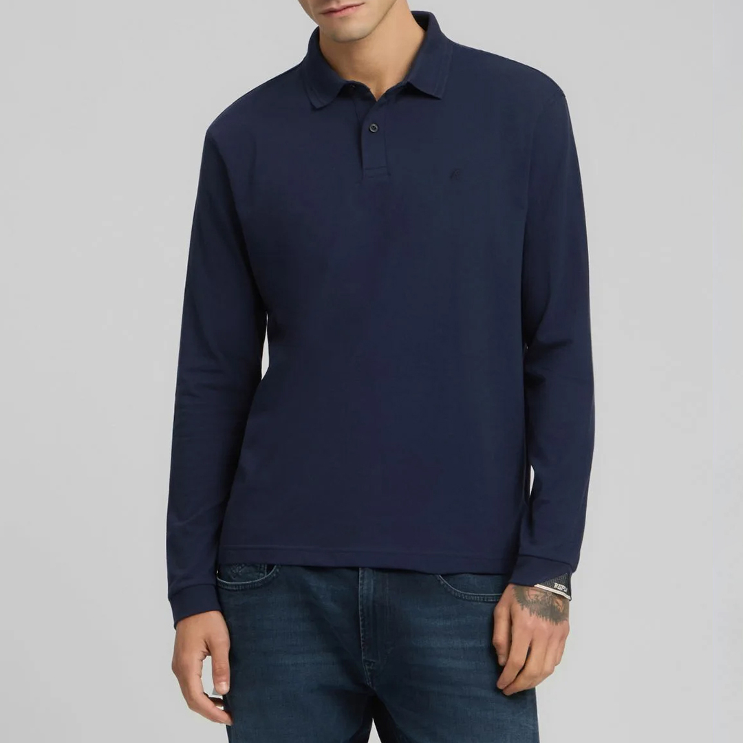 Replay Men's  Navy Long Sleeve Stretch Cotton Polo Shirt in Size L, BrandAlley