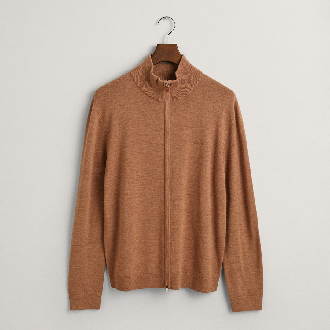 Gant Men's  Dark Sand Extrafine Merino Wool Zip Jumper in Size XL, BrandAlley