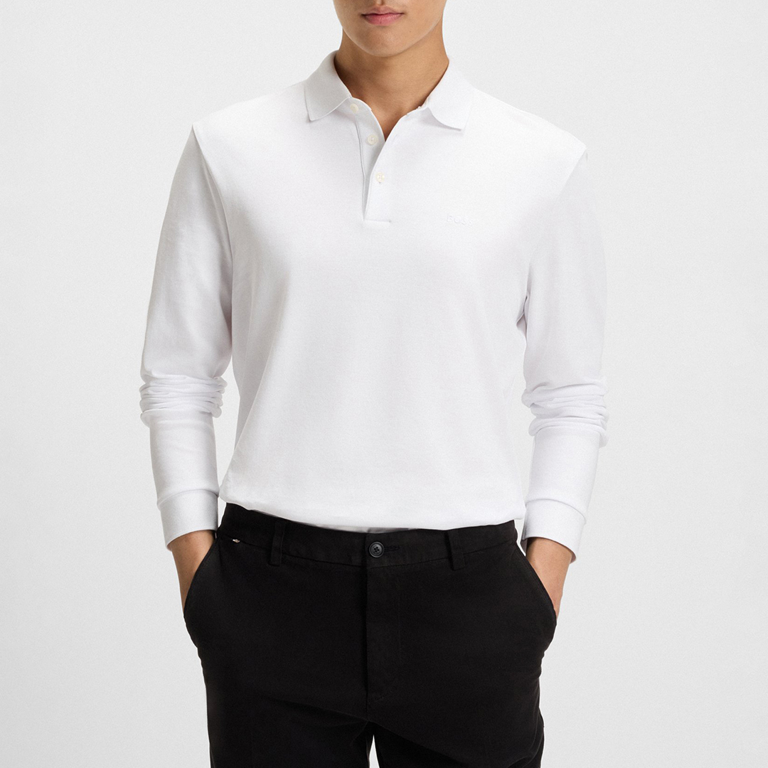 BOSS Men's   White Pado Long Sleeve Cotton Polo Shirt in Size 2XL, BrandAlley
