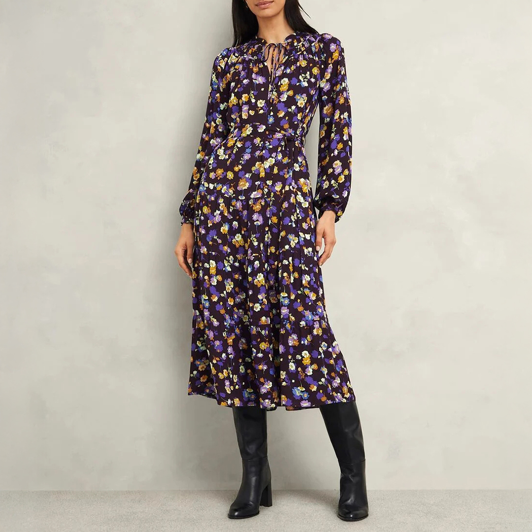 Hobbs London Women's  Purple Print Arbury Dress in Size 16, BrandAlley