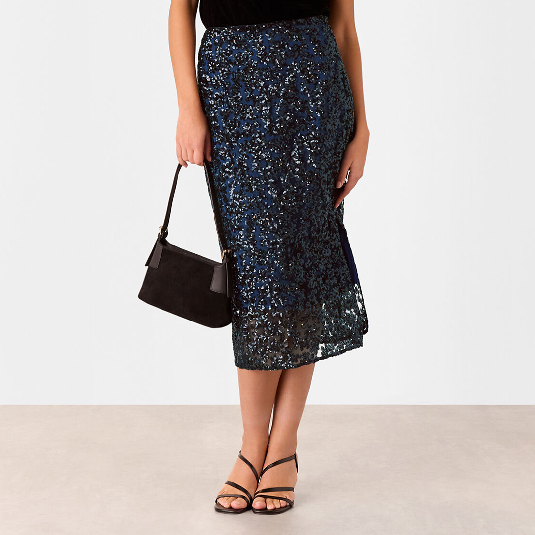 WHISTLES Women's   Blue Floral Sequin Midi Skirt in Size 10, BrandAlley