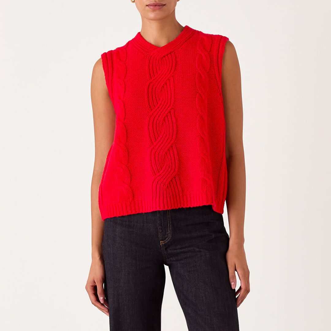 WHISTLES Women's  Red Cable Knit Wool Blend Vest in Size S, BrandAlley